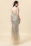 Mermaid Deep V Neck Golden Sequins Long Prom Dress with Silt