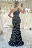 Black Sheath One Shoulder Sequins Cut Out Prom Dress with Split Front