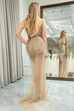 Golden Sheath V Neck Sequins Long Prom Dress with Open Back