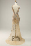 Golden Sheath V Neck Sparkly Sequins Open Back Long Prom Dress