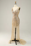Golden Sheath V Neck Sequins Long Prom Dress with Open Back