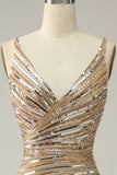 Golden Sheath V Neck Sequins Long Prom Dress with Open Back