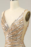 Golden Sheath V Neck Sequins Long Prom Dress with Open Back