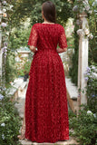 Red A-Line V Neck Short Sleeve Split Front Floor Length Dress with Belt