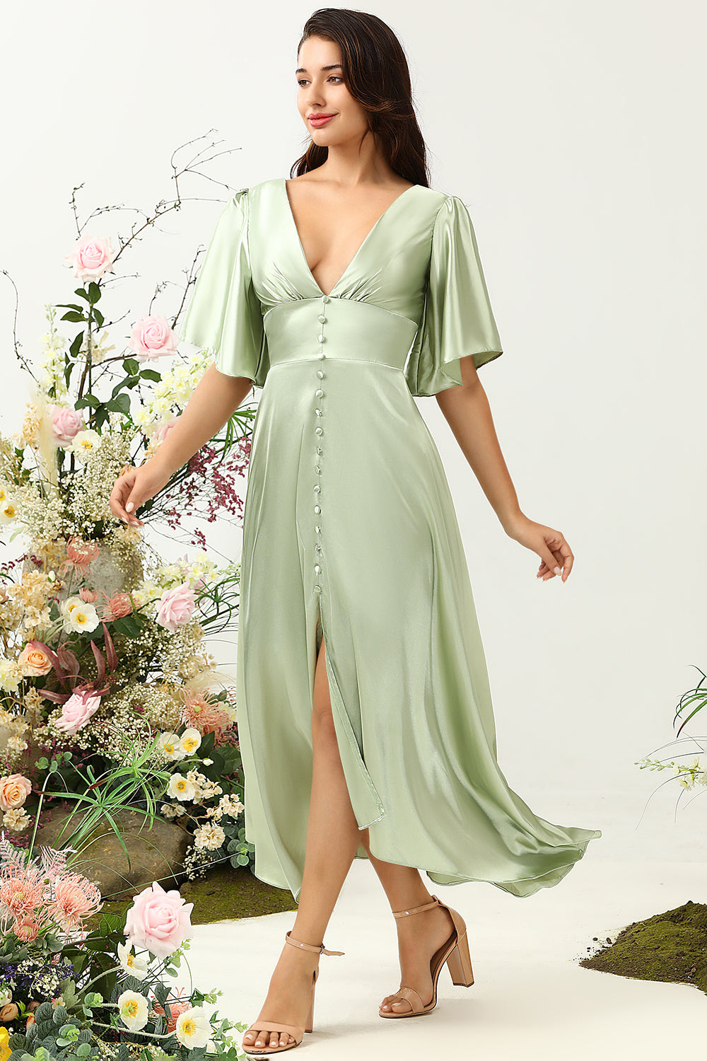 Wedtrend Women Sage Bridesmaid Dress A Line Deep V Neck Wedding Party Dress with Half Sleeves WEDTREND