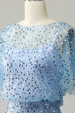 Grey Blue Round Neck Sequins Bodycon Midi Wedding Guest Dress