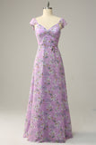 White Purple Flower A Line V Neck Floor Length Chiffon Bridesmaid Dress