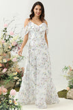 White Purple Flower A Line V Neck Floor Length Chiffon Bridesmaid Dress