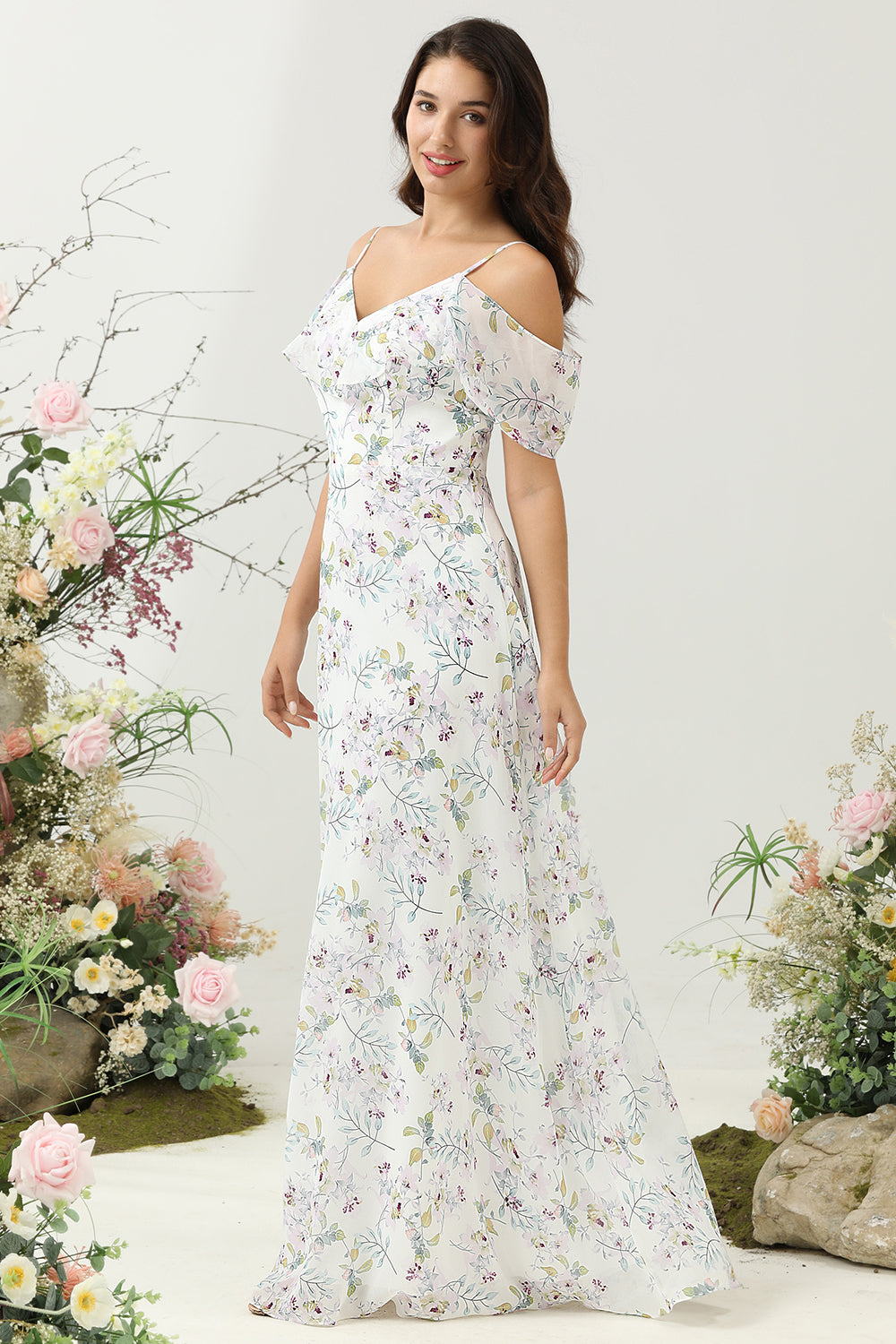 White Purple Flower A Line V Neck Floor Length Chiffon Bridesmaid Dress