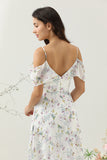 Blue Floral Print A Line Off the Shoulder Long Bridesmaid Dress