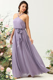 Grey Purple A Line Halter Long Bridesmaid Dress with Bowknot