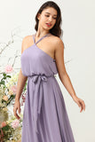 Grey Purple A Line Halter Long Bridesmaid Dress with Bowknot