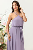 Grey Purple A Line Halter Long Bridesmaid Dress with Bowknot