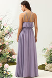 Grey Purple A Line Halter Long Bridesmaid Dress with Bowknot