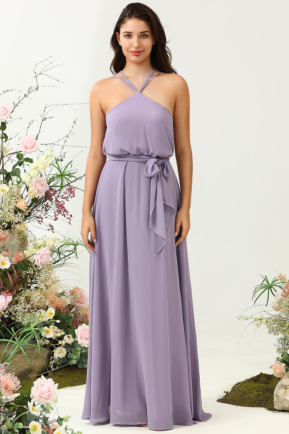 Grey Purple A Line Halter Long Bridesmaid Dress with Bowknot