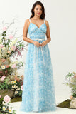Blue A Line Spaghetti Straps Floral Print Tulle Floor Length Bridesmaid Dress