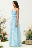 Blue A Line Spaghetti Straps Floral Print Tulle Floor Length Bridesmaid Dress