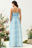 Blue A Line Spaghetti Straps Floral Print Tulle Floor Length Bridesmaid Dress