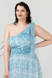 Blue A Line One Shoulder Plus Size Tulle Bridesmaid Dress with Open Back