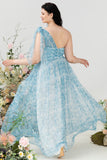 Blue A Line One Shoulder Plus Size Tulle Bridesmaid Dress with Open Back