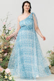 Blue A Line One Shoulder Plus Size Tulle Bridesmaid Dress with Open Back