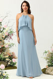 Blue A Line Halter 100D Chiffon Bridesmaid Dress with Ruffles