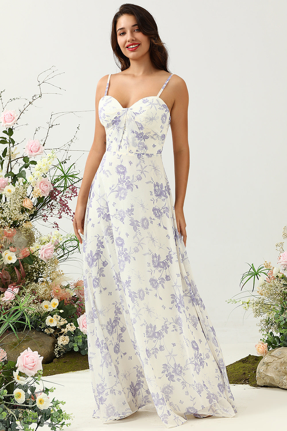 Wedtrend Women White Purple Flower A-Line Spaghetti Straps Chiffon Floor-Length Bridesmaid Dress WEDTREND Wedtrend Women White Purple Flower A-Line Spaghetti Straps Chiffon Floor-Length Bridesmaid Dress WEDTREND