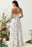White Blue Flower A-Line Spaghetti Straps Chiffon Floor-Length Bridesmaid Dress