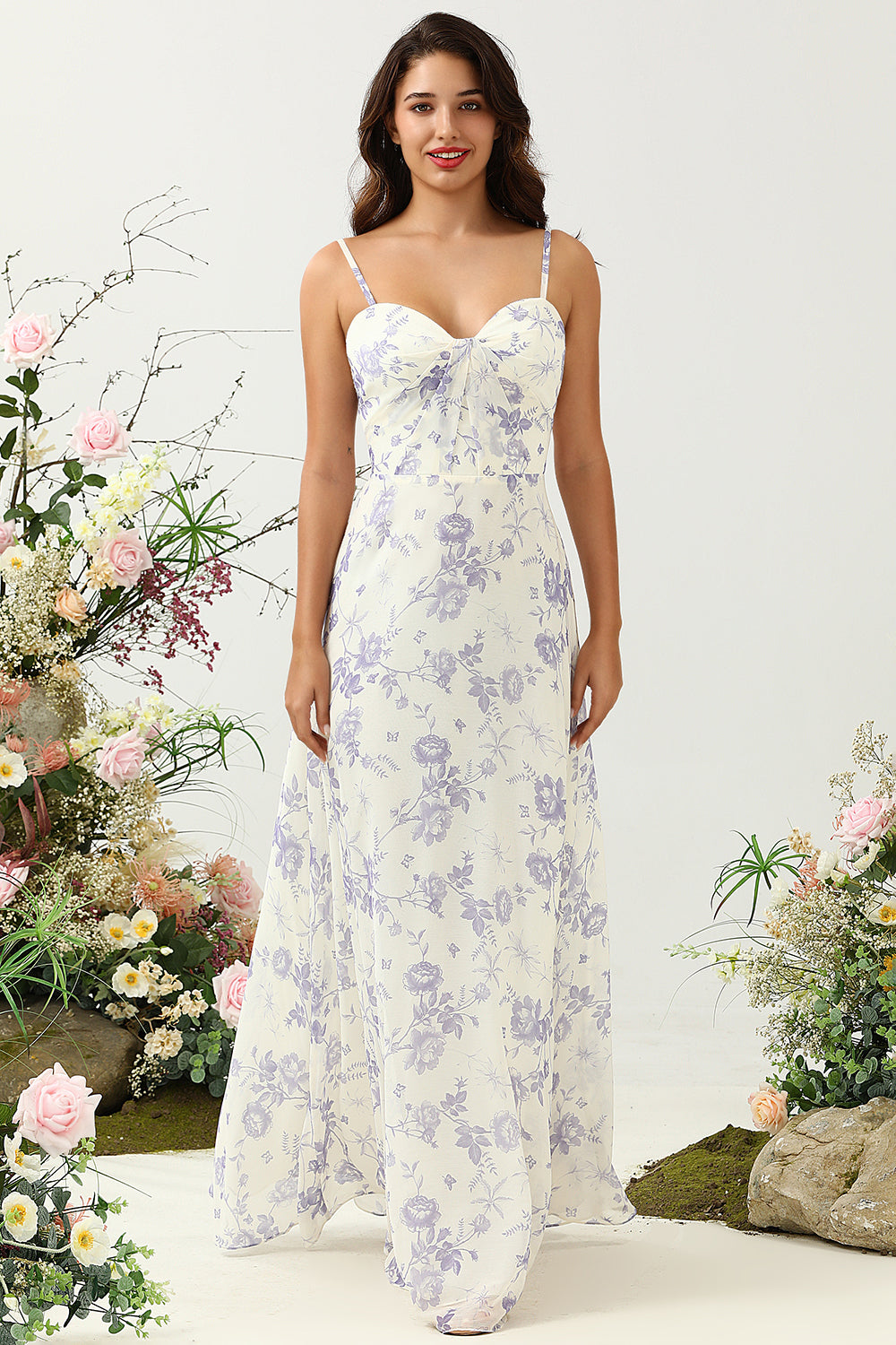 Wedtrend Women White Purple Flower A-Line Spaghetti Straps Chiffon Floor-Length Bridesmaid Dress WEDTREND Wedtrend Women White Purple Flower A-Line Spaghetti Straps Chiffon Floor-Length Bridesmaid Dress WEDTREND