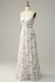 White Blue Flower A-Line Spaghetti Straps Chiffon Floor-Length Bridesmaid Dress