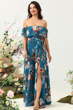 Dark Blue A Line Off The Shoulder Floral Print Chiffon Bridesmaid Dress