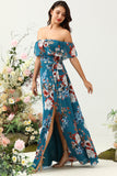 Dark Blue A Line Off The Shoulder Floral Print Chiffon Bridesmaid Dress