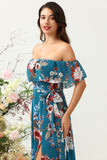 Dark Blue A Line Off The Shoulder Chiffon Print Floral Bridesmaid Dress