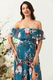 Dark Blue A Line Off The Shoulder Chiffon Print Floral Bridesmaid Dress