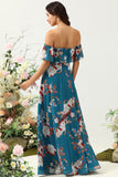 Dark Blue A Line Off The Shoulder Floral Print Chiffon Bridesmaid Dress