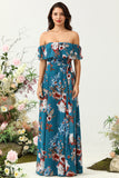 Dark Blue A Line Off The Shoulder Floral Print Chiffon Bridesmaid Dress