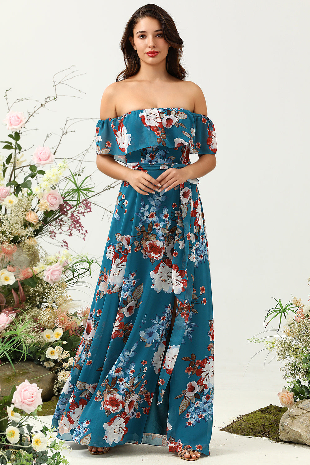 Dark Blue A Line Off The Shoulder Floral Print Chiffon Bridesmaid Dress