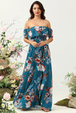 Dark Blue A Line Off The Shoulder Chiffon Print Floral Bridesmaid Dress