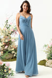 Grey Blue A Line Spaghetti Straps Chiffon Bridesmaid Dress with Ruffles