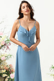 Grey Blue A Line Spaghetti Straps Chiffon Bridesmaid Dress with Ruffles