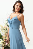 Grey Blue A Line Spaghetti Straps Chiffon Bridesmaid Dress with Ruffles