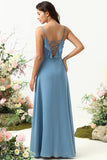 Grey Blue A Line Spaghetti Straps Floor Length Bridesmaid Dress with Ruffles