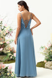 Grey Blue A Line Spaghetti Straps Chiffon Bridesmaid Dress with Ruffles