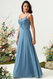 Grey Blue A Line Spaghetti Straps Chiffon Bridesmaid Dress with Ruffles