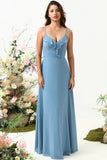 Grey Blue A Line Spaghetti Straps Chiffon Bridesmaid Dress with Ruffles