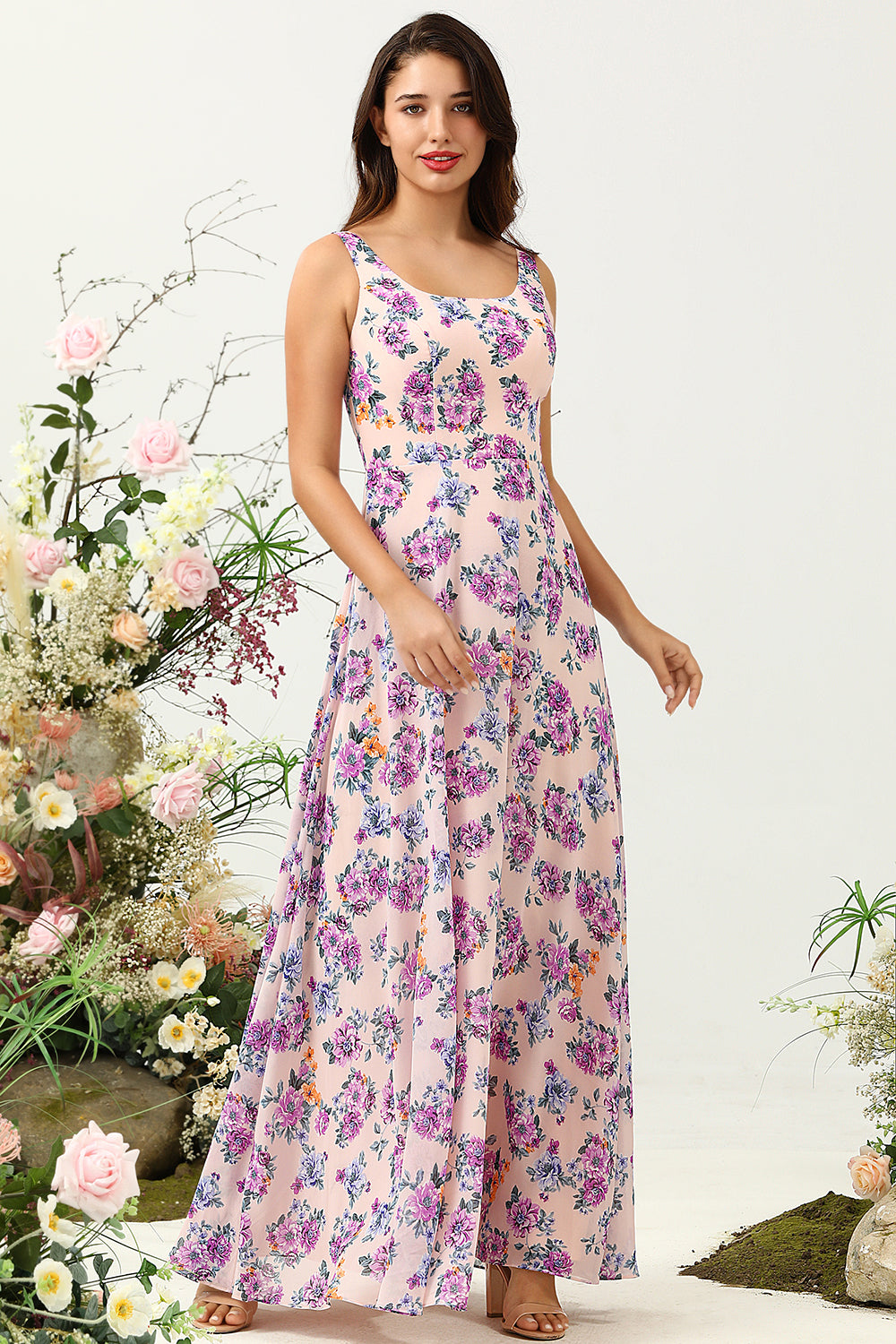 Pink A Line Square Neck Floral Printed Chiffon Wedding Party Dress with Open Back