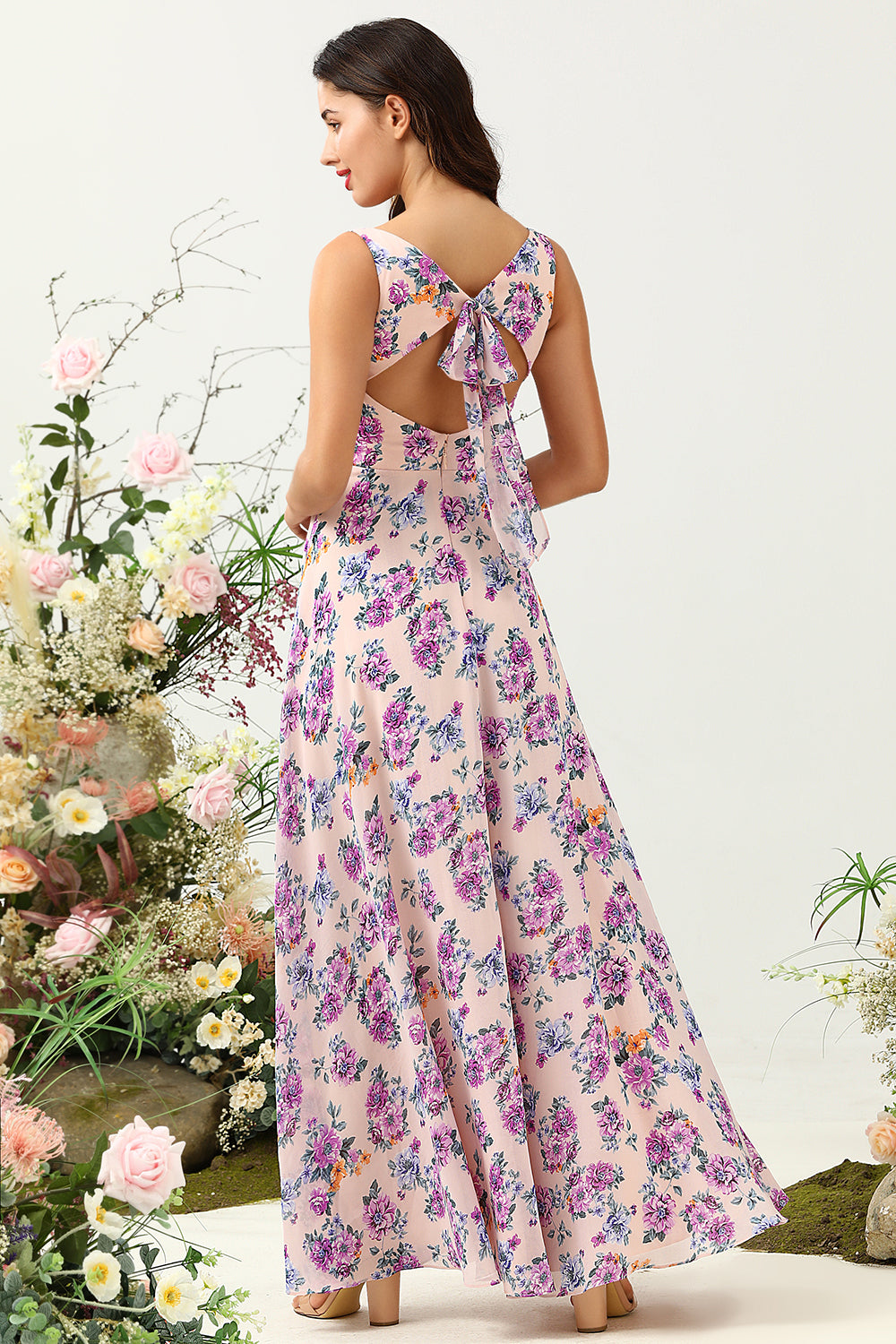Pink A Line Square Neck Floral Printed Chiffon Wedding Party Dress with Open Back