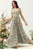 Green Floral A Line V Neck Printed Long Bridesmaid Dress with Ruffles