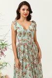 Green Floral A Line V Neck Printed Long Bridesmaid Dress with Ruffles