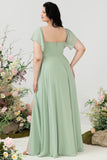 Green A Line Off the Shoulder Long Plus Size Bridesmaid Dress with Ruffles Polyester